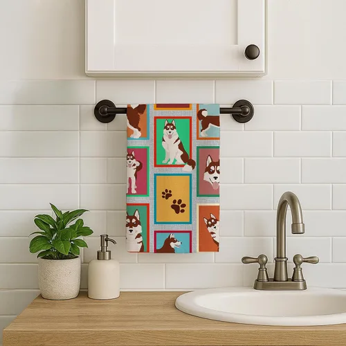 Vista 2 de Caroline's Treasures MLM1160KTWL - Lots of Red Siberian Husky - Toalla de cocina para invitados, toalla de baño decorativa para cara, té, paño