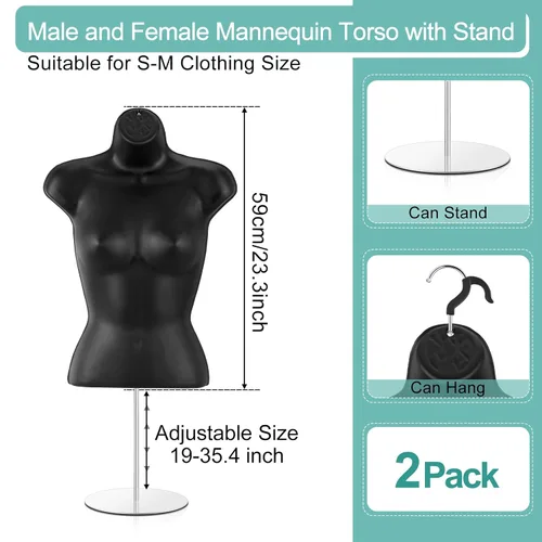 Vista 2 de Geetery 2 piezas de maniquí femenino con soporte y gancho para colgar, maniquí de mesa, cuerpo hueco en la espalda para mostrador de manualidades