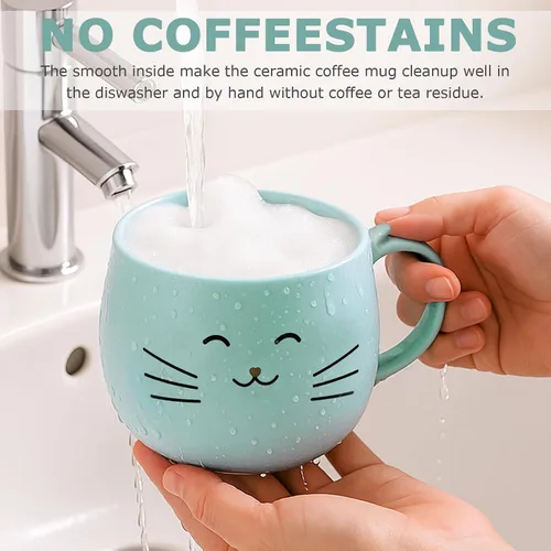 Vista 4 de Yuwu Taza de café de cerámica con cuchara y tapa, taza de 13.5 onzas con tapa de soporte para teléfono, bonita taza de té para mujeres y entusiastas