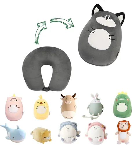 Vista 9 de Almohada de viaje para niños, almohada de cuello deformable 2 en 1 para niños, almohada suave en forma de U con adorable diseño de animales, cómodo
