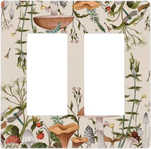 Vista 122 de Placa de Pared en Blanco de 1-Gang Sin Dispositivo Beige Lindo Vintage Boho de los 70s Hongo Fungus Planta Floral Botánica Libélula Interruptor