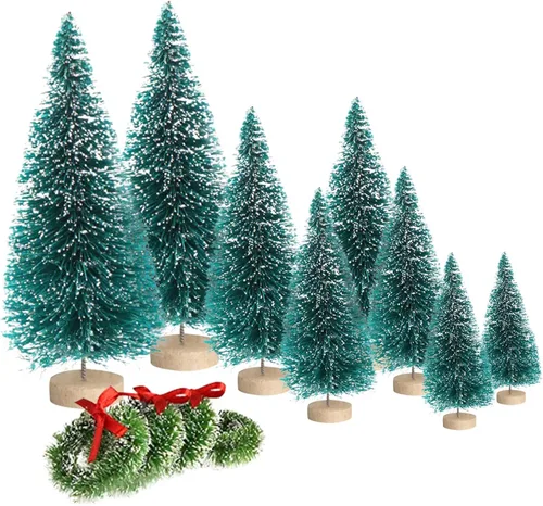 Vista 9 de 8 mini árboles de Navidad, árboles artificiales con base de madera, árboles de Navidad en miniatura de mesa con 4 coronas pequeñas de Navidad