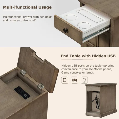 Vista 4 de Mesa auxiliar vintage para sala de estar, mesita de noche multifuncional con puertos USB y cajón con portavasos (marrón antiguo/USB*)
