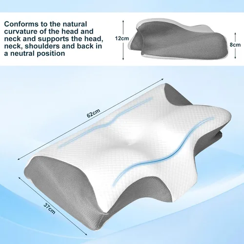 Vista 3 de Neck Pillow Ergonomic Orthopaedic Pillow Memory Foam Pillow 2 Height Options with Neck Support Ideal for Side Sleepers and Back Pain Grey