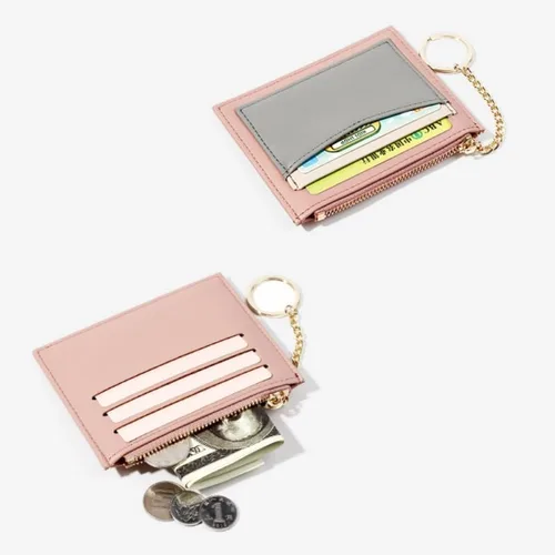 Vista 4 de Cartera pequeña con llavero para mujer, tarjetero minimalista con monedero, bonita cartera delgada para mujeres y hombres, Rosado