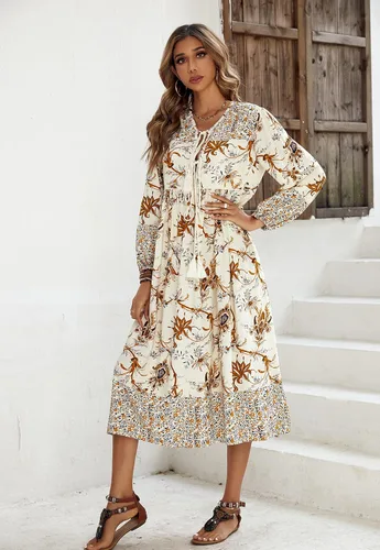 Vista 4 de R.Vivimos - Vestido por debajo de la rodilla de estilo bohemio para mujer, vestido de manga larga, con estampado floral retro y cuello en V con borla