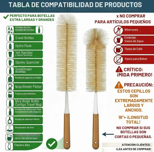 Vista 3 de ALINK Juego de cepillos largos extra grandes para botellas – Limpiador de botellas con mango de bambú de 16/15 pulgadas de largo para botellas