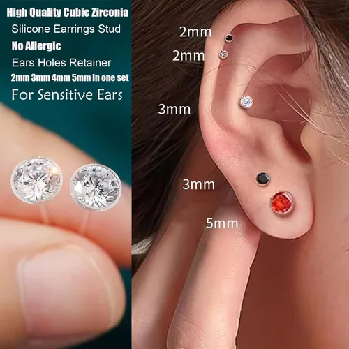 Vista 4 de Aretes de plástico antialérgicos para orejas sensibles, respaldos de silicona suave, kit de aretes de tuerca de circonita cúbica, 2mm, 3mm, 4mm, 5mm