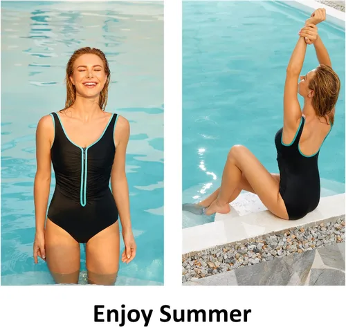 Vista 3 de DELIMIRA Traje de baño de una pieza para mujer, talla grande, control de abdomen, cremallera frontal