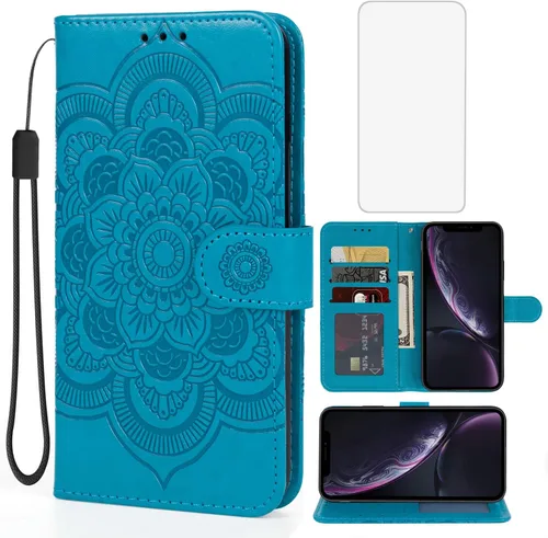 Vista 10 de Funda para iPhone XR, para Apple XR con protector de pantalla de vidrio templado, diseño de mandala en relieve, soporte para tarjeta de crédito
