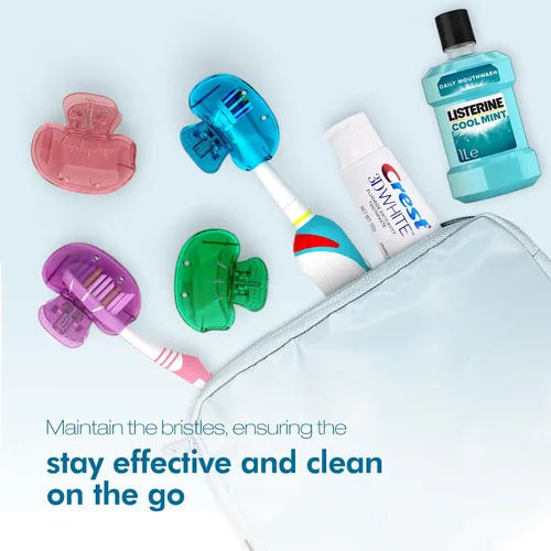 Vista 3 de Nincha Paquete de 4 fundas multicolor para cabezales de cepillo de dientes, protector universal con clip para cepillos manuales y eléctricos, morado
