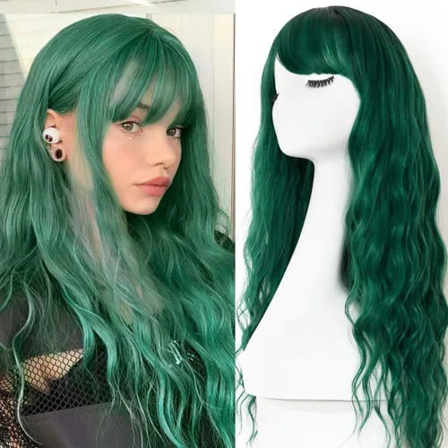 Vista 15 de Pelucas de cabello ondulado rojo con flequillo, transpirable, resistente al calor, pelo de fibra sintética, largo de 24 pulgadas rizado, marrón 99J
