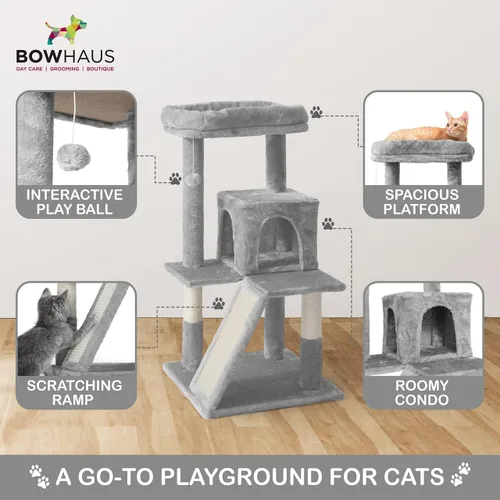 Vista 4 de BOWHAUS Árbol alto para gatos grandes o gatitos de interior, árbol de actividades para gatos de varios niveles con postes rascadores, hamaca