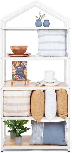 Vista 6 de Displays2go Estantería con marco de hierro con 5 niveles de madera de paulownia, espalda abierta - natural (SMCASA5T)