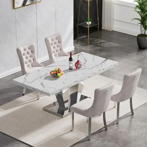 Vista 61 de Juego de mesa de comedor de mármol sintético, 7 piezas, juego de mesa de cocina y comedor para 6, mesa de comedor rectangular blanca de 70 pulgadas