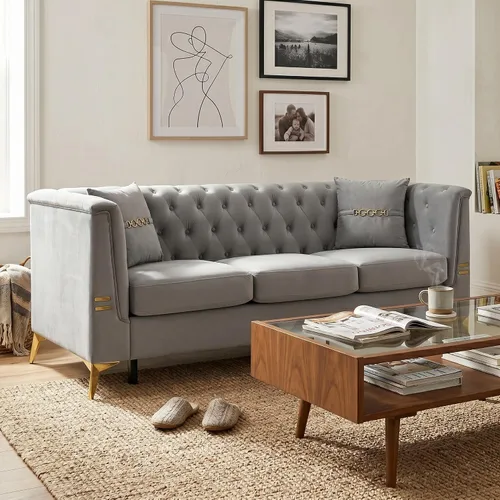 Vista 11 de WILLIAMSPACE Sofá Chesterfield de 88.2 pulgadas para sala de estar, sofás de 3 plazas tapizado de poliuretano para apartamento de oficina