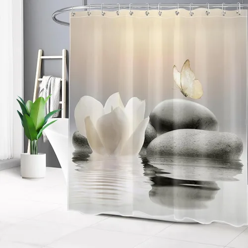 Vista 2 de HVEST Cortina de ducha Zen floral para baño, cortina de ducha de piedra zen y flor blanca, mariposa amarilla con ganchos, cortinas de baño modernas