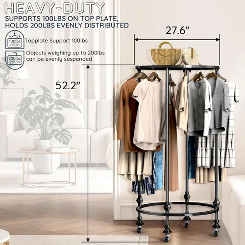 Vista 5 de Perchero redondo con ruedas, estante de ropa multiusos de doble espacio independiente con ruedas y parte superior, organizador de ropa comercial