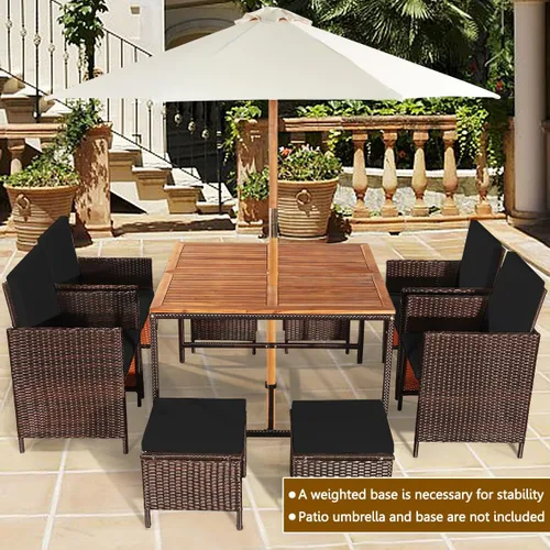 Vista 2 de HAPPYGRILL Juego de 9 piezas de comedor para patio al aire libre con asientos acolchados, mesa de comedor que ahorra espacio con mesa de madera