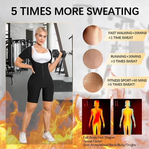 Vista 2 de Traje de sauna para mujer, entrenamiento de cintura de cuerpo completo, traje de sudor de manga corta con pantalones cortos moldeador de cuerpo