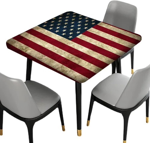 Vista 2 de Mantel cuadrado ajustable con bandera americana, 4 de julio, Día de la Independencia, manteles de madera con borde elástico, resistente a