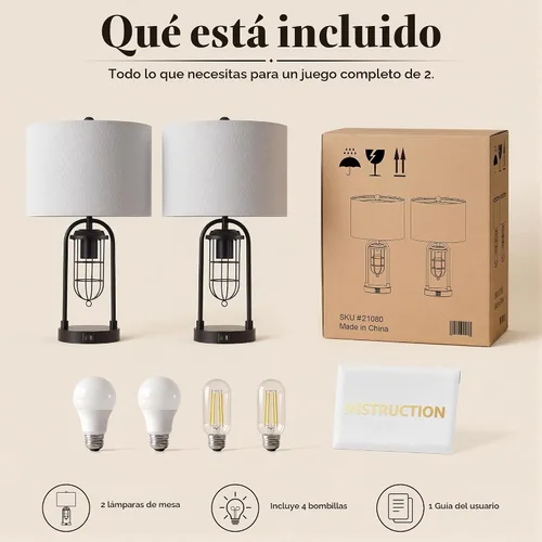 Vista 7 de Juego de 2 lámparas de mesa de granja con puertos USB y luz nocturna, lámpara moderna para mesita de noche para sala de estar y dormitorio