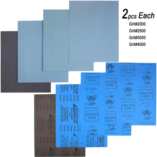 Vista 4 de Papel de lija de 9 x 11 pulgadas, 18 hojas, grano 2000-12000 húmedo o seco, 9 papel de arena surtido, almohadillas abrasivas extrafinas para lijado
