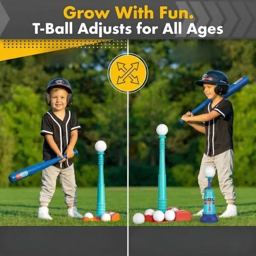 Vista 2 de TOMLEON Soporte de T-Ball para niños y niñas de 1-3, 3-5, 5-8 años. Set de béisbol con 6 pelotas grandes, camiseta de bateo T-ball ajustable
