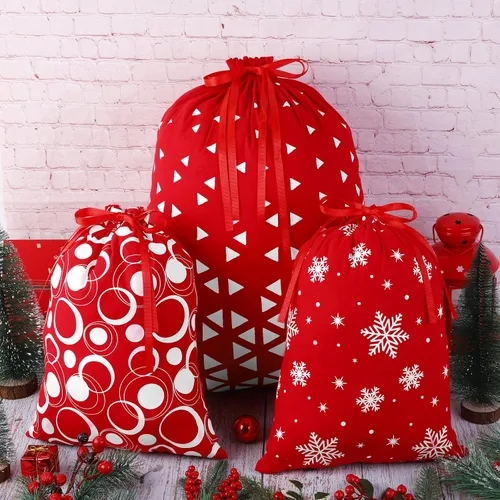 Vista 5 de MIMIND 6 bolsas de regalo de Navidad con cordón, tela de algodón rojo y blanco, bolsas de regalo de Navidad, bolsas reutilizables para fiestas