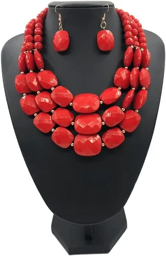 Vista 3 de Collares de cuentas de 3 capas para mujer, hecho a mano, acrílico, rojo, collar bohemio, grueso, joyería de disfraz