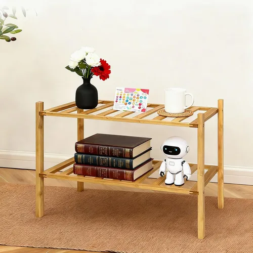 Vista 3 de Zapatero pequeño, organizador multiusos de 2 niveles, estantes pequeños de bambú para zapatos, plantas, libros, sala de estar, pasillo, dormitorio