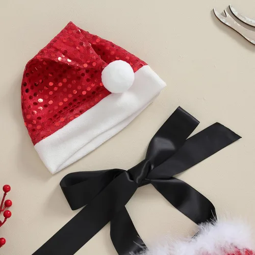 Vista 2 de Ayalinggo Vestido halter de Navidad para niña pequeña, con lentejuelas, tutú con purpurina, falda tutú y sombrero, disfraz de Papá Noel, ropa