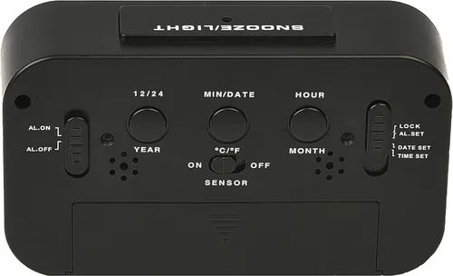 Vista 2 de RCA Reloj despertador portátil con sensor automático de luz nocturna, brillo ajustable, pantalla de temperatura interior, calendario completo