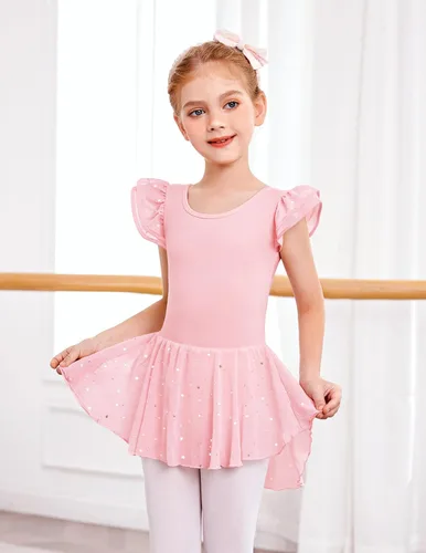 Vista 6 de Zaclotre Leotardo de ballet de manga con volantes y falda para niñas con espalda cruzada