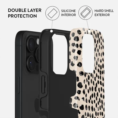 Vista 2 de BURGA - Funda p/teléfono compatible con iPhone 13 Pro, carcasa rígida híbrida de 2 capas + Funda protectora de silicona, almendras latte a lunares