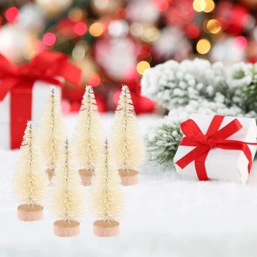 Vista 3 de 14 mini árboles de sisal con base de madera, árboles de pino de Navidad artificiales, adornos para nieve de invierno, escenas en miniatura