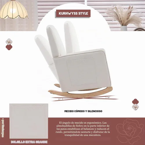 Vista 5 de Mecedora moderna para guardería, cómoda silla de guardería con reposapiés, mecedora tapizada con bolsillo, sillón de lectura con base de madera