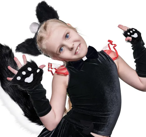 Vista 5 de JieyueJewelry Juego de 4 piezas de disfraz de mofeta para cosplay, disfraz de animales, orejas de zorrilla, cola, corbatín y guantes de garra