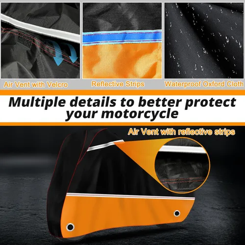Vista 5 de Funda para motocicleta, protección impermeable para exteriores para todas las estaciones con costura en línea inclinada XXXL, se adapta hasta 116