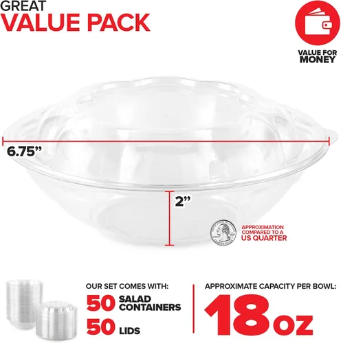 Vista 2 de Stock Your Home Cuencos de Ensalada de Plástico Transparente de 18 oz con Tapas Desechables (Paquete de 50) Mini Recipiente para Llevar con Tapa a