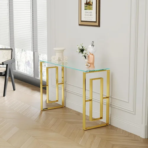 Vista 3 de Mesa consola de cristal, mesa auxiliar de sofá de 47.2 pulgadas con marco de acero inoxidable dorado y parte superior de vidrio templado