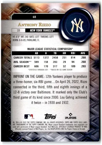 Vista 2 de Baseball Trading Card MLB 2022 Topps Gold Label Class 1#68 Anthony Rizzo NM Near Mint Yankees