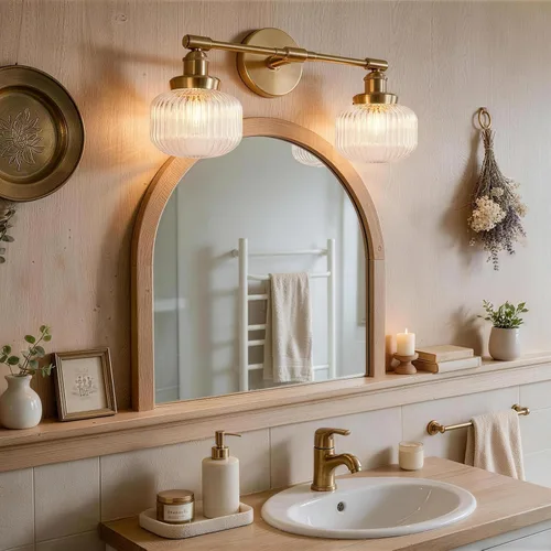 Vista 5 de foucasal Lámpara de tocador de 2 luces, aplique de pared industrial con pantalla de globo rayado transparente, luz de baño para dormitorio, sala