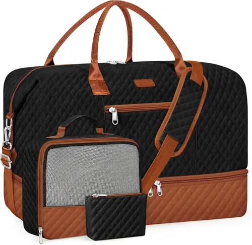 Vista 48 de Bolsa de fin de semana para mujer, bolsa de viaje de nailon, con compartimento para zapatos, tamaño grande 1-beige