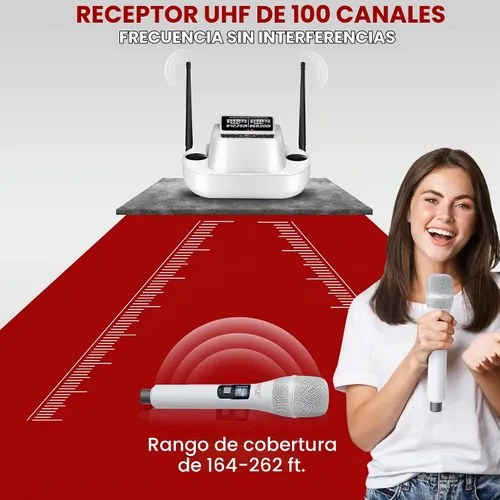 Vista 5 de Pyle Sistema de micrófono inalámbrico UHF - Receptor Bluetooth con 2 micrófonos de mano recargables, baterías de 1200 mAh, sonido claro
