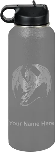Vista 35 de LaserGram Botella de agua con tapa abatible de doble pared de 12 onzas con pajilla, dragón, grabado personalizado incluido (negro)