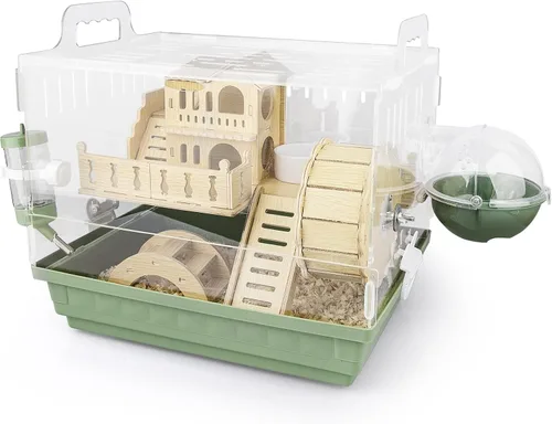Vista 9 de Cycodo Jaula acrílica 8 en 1, jaula de hámster enano de 2 niveles con rueda y escondite de madera, hábitat de hámster pequeño con accesorios, casa