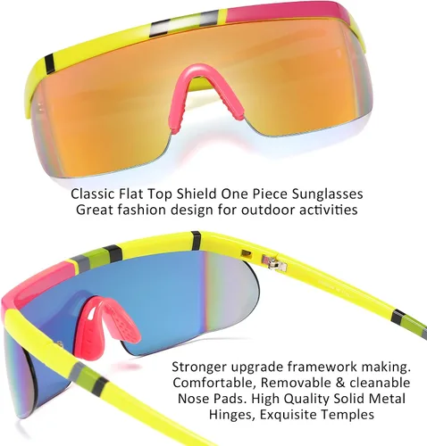Vista 5 de FEISEDY Gafas de sol deportivas de gran tamaño de los años 80, gafas de esquí con parte superior plana, visera futurista de una pieza para mujeres