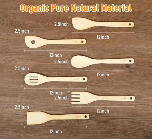 Vista 6 de Juego de utensilios de cocina de bambú de 6 piezas, cucharas de madera antiadherentes resistentes al calor para sartenes antiadherentes