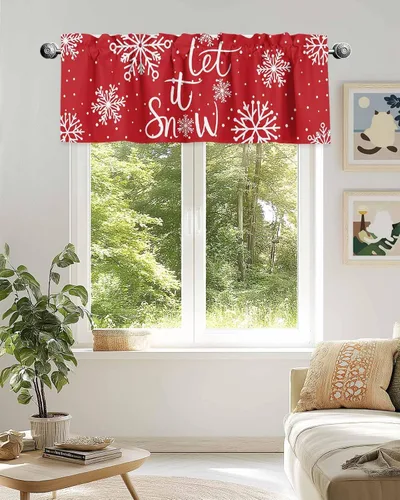 Vista 166 de Cenefa de cortina con lazo rojo de Navidad para ventanas, sala de estar, cocina, baño, granja, bolas de Navidad de acuarela con diseño de bayas
